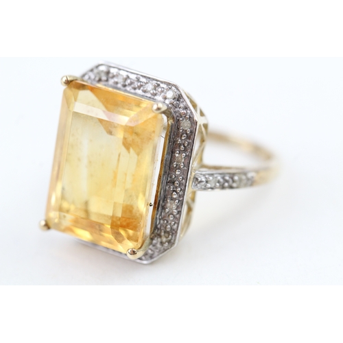 185 - 9ct gold emerald cut citrine & diamond dress ring (5.6g) Size  O