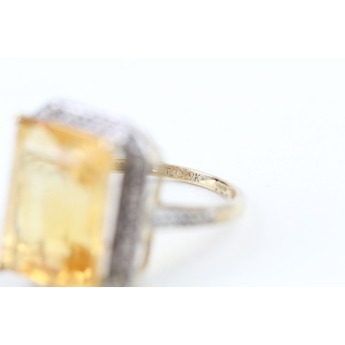 185 - 9ct gold emerald cut citrine & diamond dress ring (5.6g) Size  O