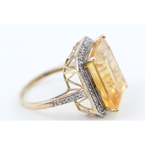 185 - 9ct gold emerald cut citrine & diamond dress ring (5.6g) Size  O