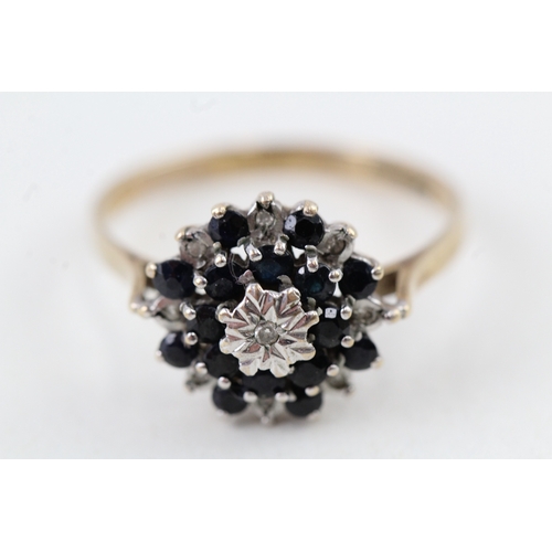 193 - 9ct gold vintage sapphire & diamond cluster ring (2.8g) Size  S