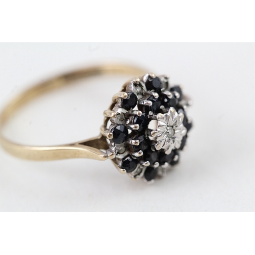 193 - 9ct gold vintage sapphire & diamond cluster ring (2.8g) Size  S