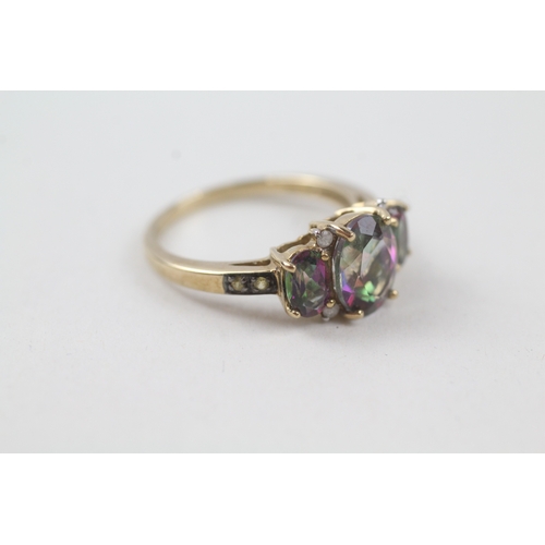 2 - 9ct gold mystic topaz and diamond trilogy dress ring with citrine set shoulders (3g) Size  N 1/2