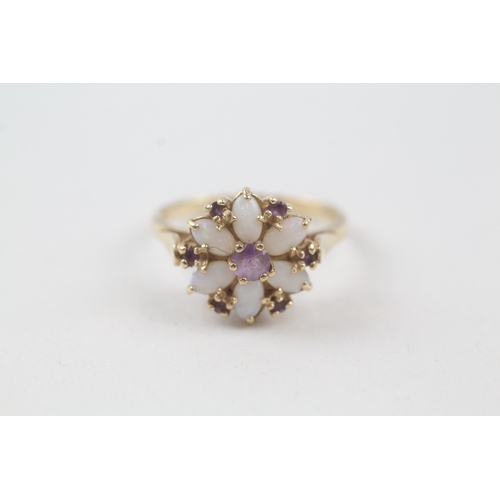 230 - 14ct gold opal and amethyst floral cluster cocktail ring (3.5g) Size  R