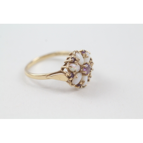 230 - 14ct gold opal and amethyst floral cluster cocktail ring (3.5g) Size  R