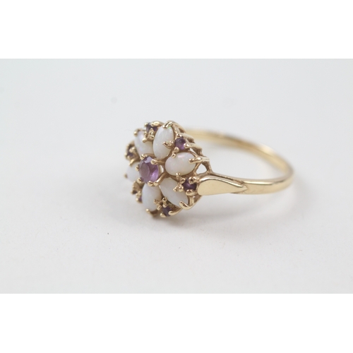 230 - 14ct gold opal and amethyst floral cluster cocktail ring (3.5g) Size  R