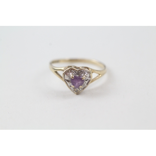 235 - 9ct gold amethyst and diamond heart design dress ring (1.4g) AS SEEN - MISSHAPEN Size  M