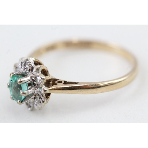 247 - 9ct gold vintage emerald & diamond cluster ring (1.8g) Size  M