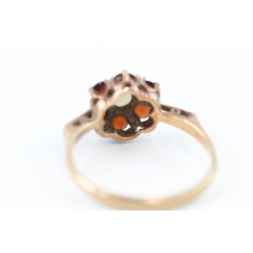 249 - 9ct gold 1970's garnet & seed pearl cluster ring (1.7g) Size  L 1/2