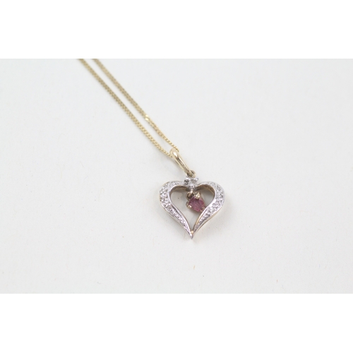 250 - 9ct gold ruby and diamond heart pendant with 9ct gold chain (2.1g)