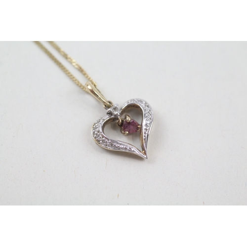 250 - 9ct gold ruby and diamond heart pendant with 9ct gold chain (2.1g)