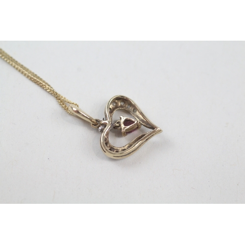 250 - 9ct gold ruby and diamond heart pendant with 9ct gold chain (2.1g)