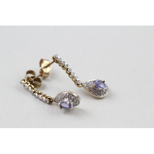 27 - 9ct gold tanzanite and diamond drop earrings with posts (1.6g)