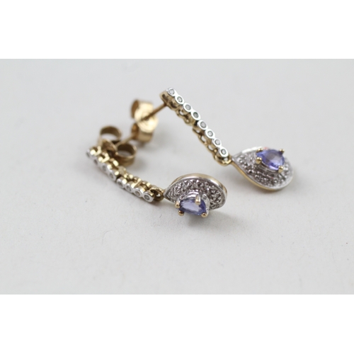 27 - 9ct gold tanzanite and diamond drop earrings with posts (1.6g)