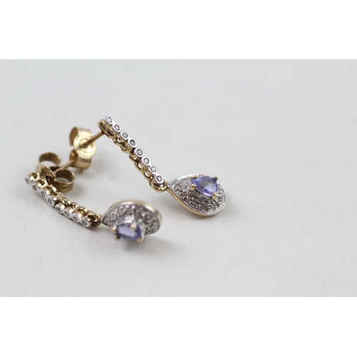 27 - 9ct gold tanzanite and diamond drop earrings with posts (1.6g)