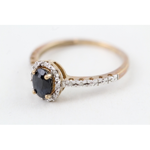 3 - 9ct gold sapphire & diamond halo ring with diamond shoulders (1.5g) Size  K