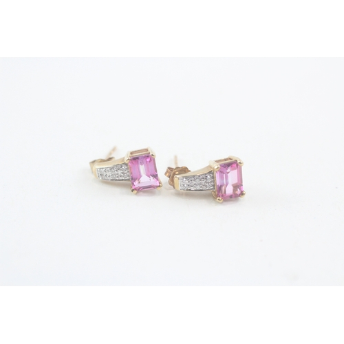 34 - 9ct gold pink coated topaz & diamond earrings with scroll backs (2.4g)