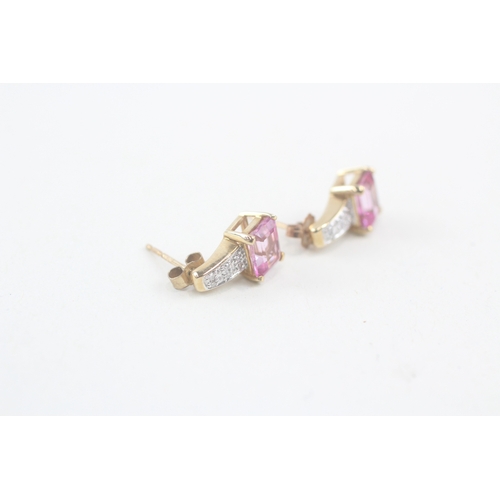 34 - 9ct gold pink coated topaz & diamond earrings with scroll backs (2.4g)