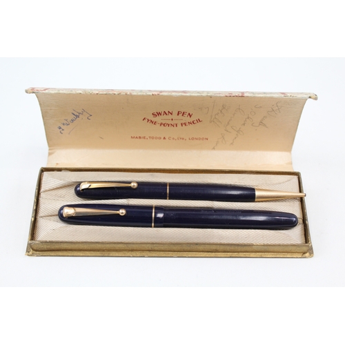 448 - Vintage Mabie Todd Swan Self Filler Navy Fountain Pen w/ Fyne Poynt Pencil Boxed