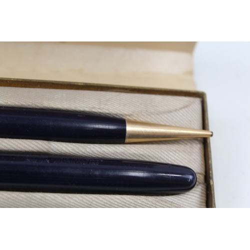 448 - Vintage Mabie Todd Swan Self Filler Navy Fountain Pen w/ Fyne Poynt Pencil Boxed