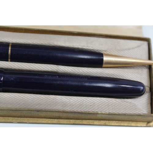 448 - Vintage Mabie Todd Swan Self Filler Navy Fountain Pen w/ Fyne Poynt Pencil Boxed