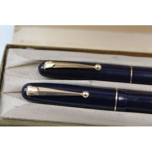 448 - Vintage Mabie Todd Swan Self Filler Navy Fountain Pen w/ Fyne Poynt Pencil Boxed