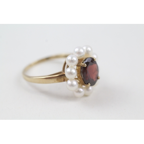 55 - 9ct gold garnet and cultured pearl halo cocktail ring (4.2g) Size  V