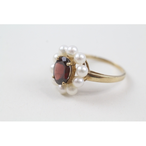 55 - 9ct gold garnet and cultured pearl halo cocktail ring (4.2g) Size  V