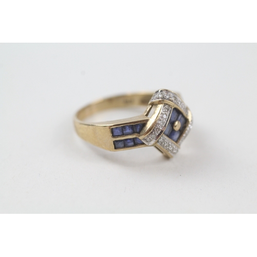 6 - 9ct gold sapphire and diamond cluster dress ring with sapphire set shoulders (3.5g) Size  O 1/2