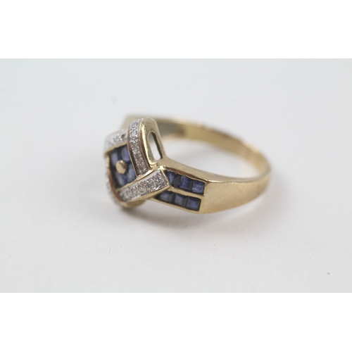 6 - 9ct gold sapphire and diamond cluster dress ring with sapphire set shoulders (3.5g) Size  O 1/2