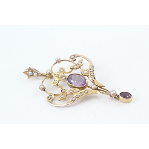 9ct gold edwardian amethyst & seed pearl drop pendant (3.9g)