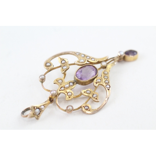 63 - 9ct gold edwardian amethyst & seed pearl drop pendant (3.9g)