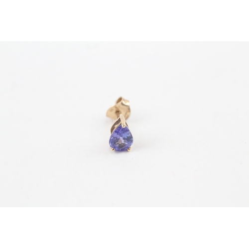 67 - 9ct gold trillion cut tanzanite stud earrings with scroll back earrings (1.1g)