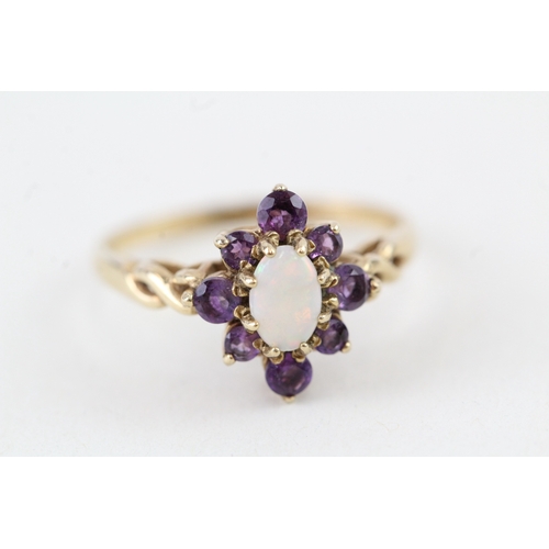 72 - 9ct gold vintage style amethyst & opal cluster ring with eternity patterned shoulders (1.8g) Size  M... 