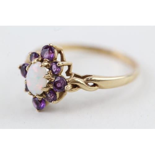 72 - 9ct gold vintage style amethyst & opal cluster ring with eternity patterned shoulders (1.8g) Size  M... 