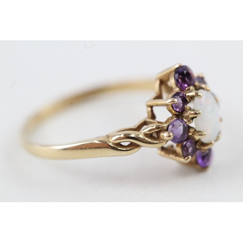 72 - 9ct gold vintage style amethyst & opal cluster ring with eternity patterned shoulders (1.8g) Size  M... 