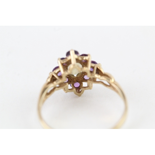 72 - 9ct gold vintage style amethyst & opal cluster ring with eternity patterned shoulders (1.8g) Size  M... 