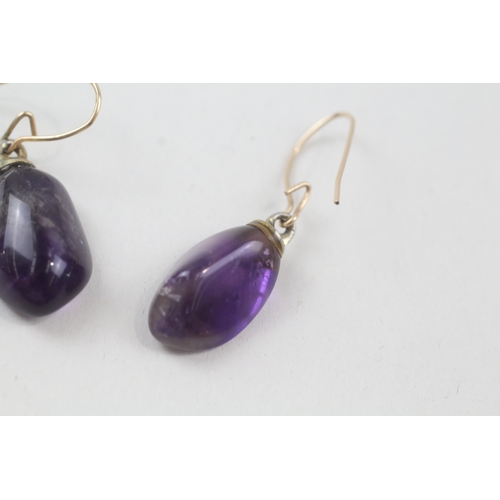 83 - 9ct gold amethyst drop earrings with shepherd hooks (3.2g)