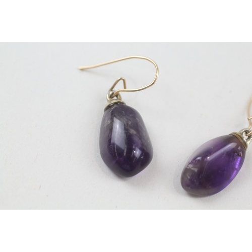 83 - 9ct gold amethyst drop earrings with shepherd hooks (3.2g)