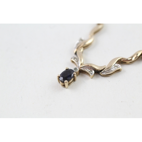 87 - 9ct gold sapphire and diamond static pendant with 9ct gold chain (3.4g)