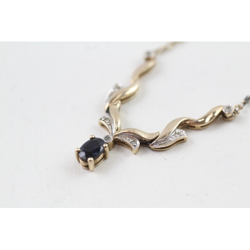 87 - 9ct gold sapphire and diamond static pendant with 9ct gold chain (3.4g)