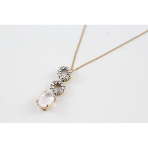 127 - 9ct gold morganite & white sapphire drop pendant necklace (2.2g)