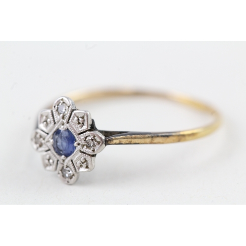 130 - 18ct gold art deco sapphire & diamond cluster ring (1.5g) Size  P 1/2