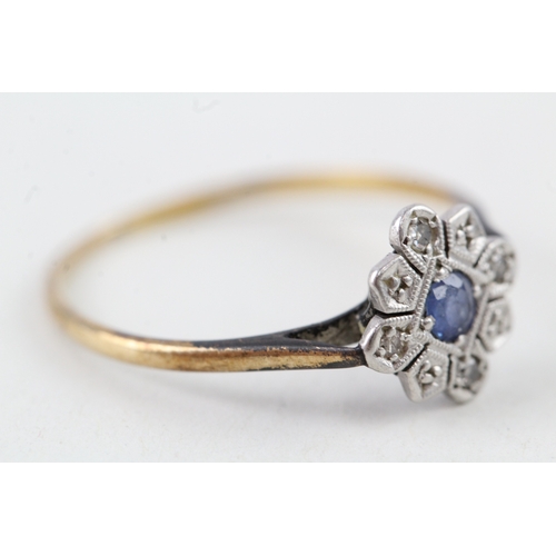 130 - 18ct gold art deco sapphire & diamond cluster ring (1.5g) Size  P 1/2