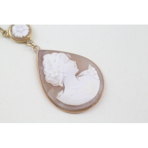 142 - 9ct gold vintage shell cameo lavaliere pendant with 9ct gold chain (5.2g)