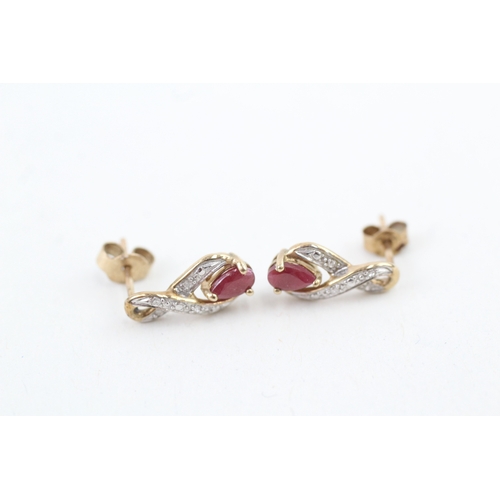 15 - 9ct gold ruby & diamond earrings with scroll backs (1.3g)