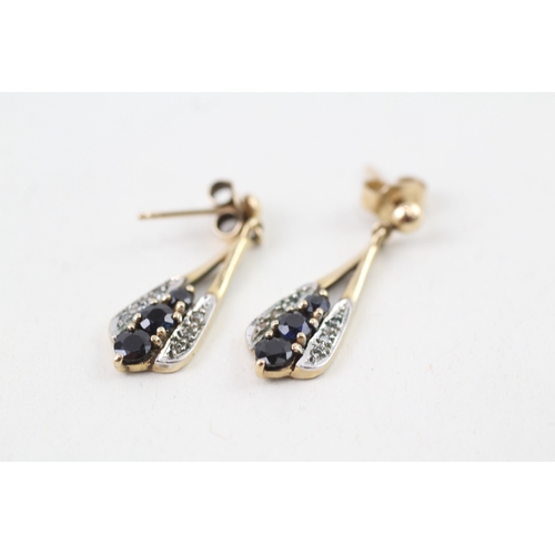 157 - 9ct gold sapphire & diamond drop earring with scroll backs (1.9g)