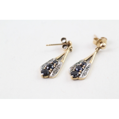 157 - 9ct gold sapphire & diamond drop earring with scroll backs (1.9g)