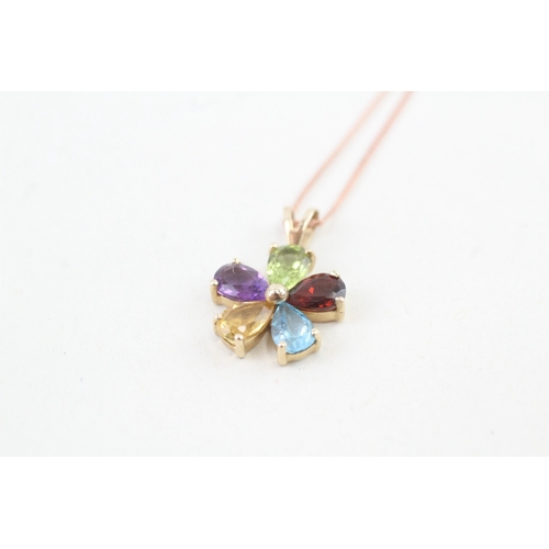 159 - 9ct gold multi-gemstone cluster pendant necklace, set with amethyst, garnet, peridot, citrine & blue... 