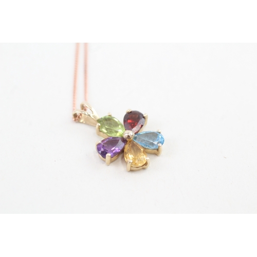 159 - 9ct gold multi-gemstone cluster pendant necklace, set with amethyst, garnet, peridot, citrine & blue... 