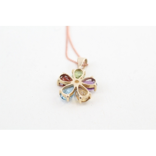 159 - 9ct gold multi-gemstone cluster pendant necklace, set with amethyst, garnet, peridot, citrine & blue... 